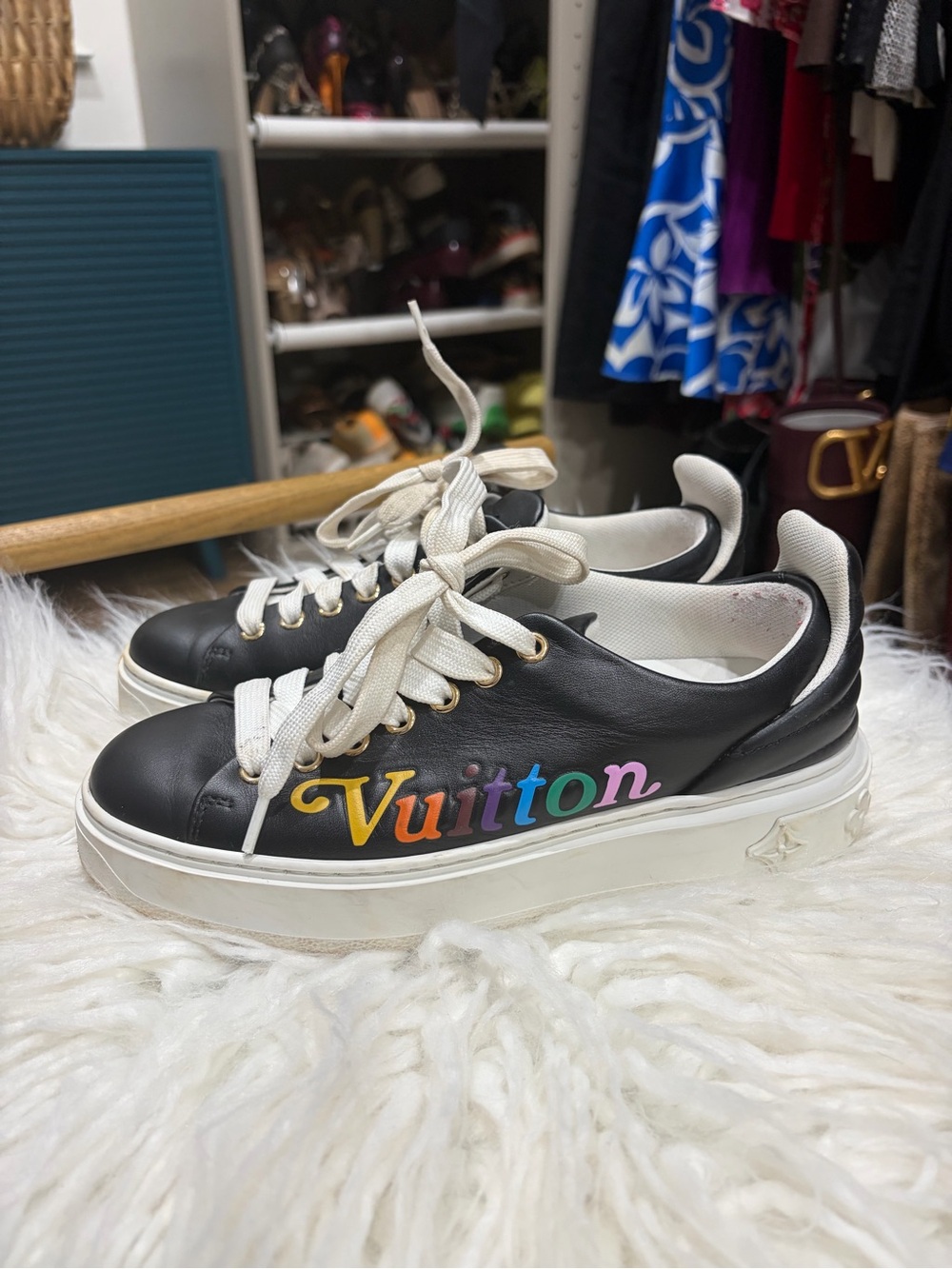 Louis Vuitton Black Leather Sneakers with Rainbow 'Vuitton' Logo